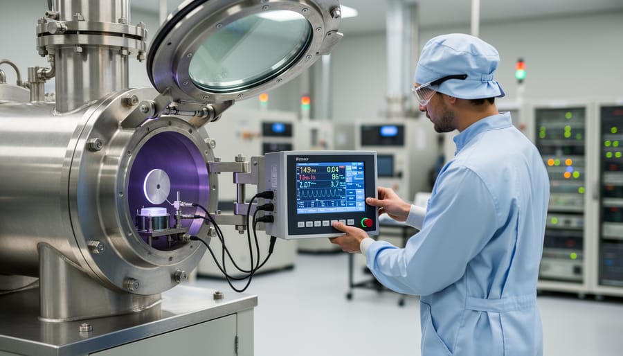 Technician observing a clean industrial PV coating chamber from inside a manufacturing area.