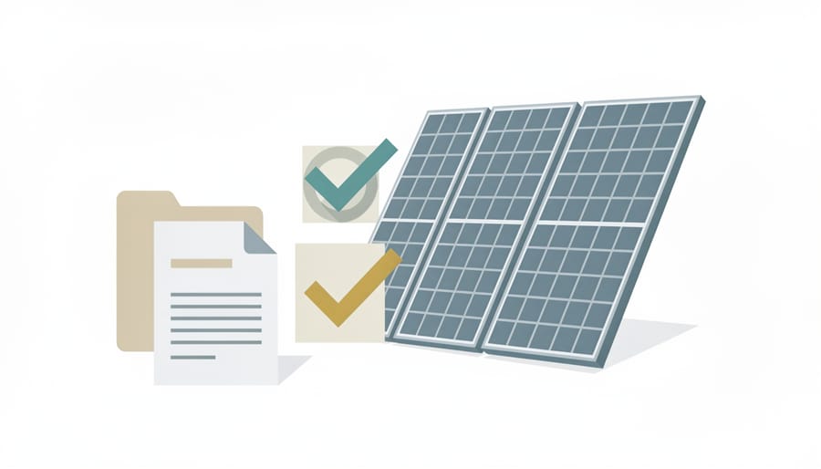 Solar PV components and sealed documentation materials on a clean desk representing compliance handling