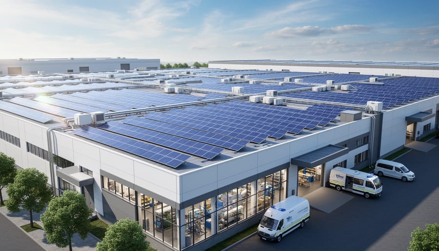 Solar panels installed on the roof of a photovoltaic manufacturing facility.