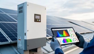 “Technician examining a solar inverter cabinet and rooftop solar panels while reviewing sensor data on a tablet, symbolizing troubleshooting for PV causal inference.”