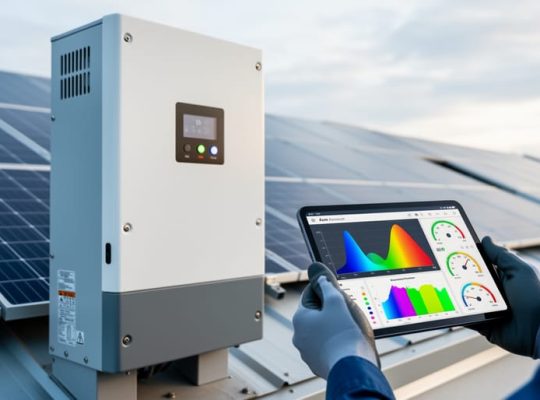 “Technician examining a solar inverter cabinet and rooftop solar panels while reviewing sensor data on a tablet, symbolizing troubleshooting for PV causal inference.”