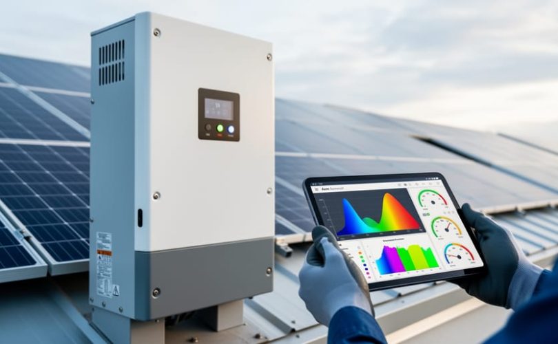 “Technician examining a solar inverter cabinet and rooftop solar panels while reviewing sensor data on a tablet, symbolizing troubleshooting for PV causal inference.”