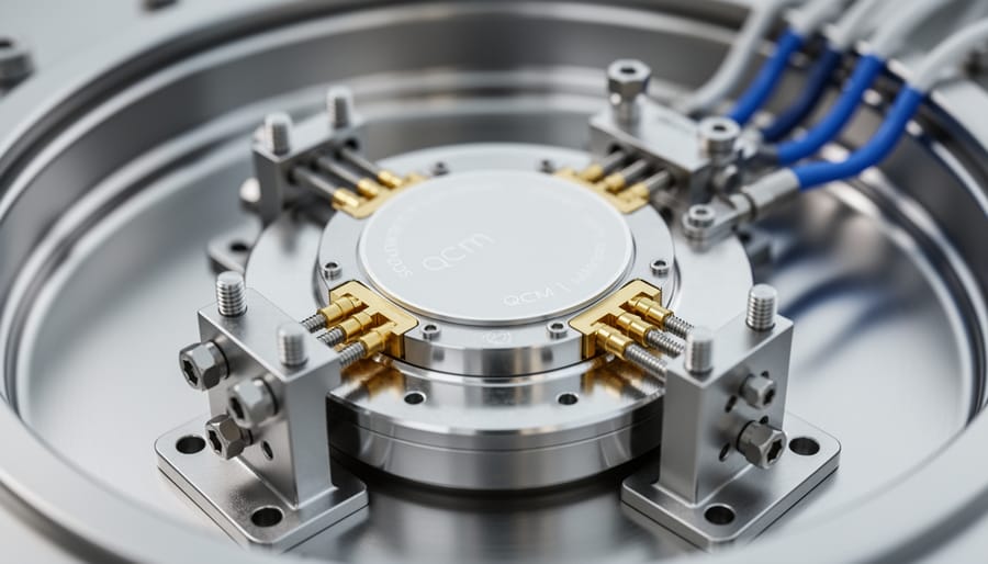 Close-up of a quartz crystal monitor sensor head mounted on a clean laboratory bench.