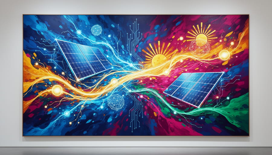 Abstract glowing light network concept symbolizing advanced optimization for solar and battery systems.