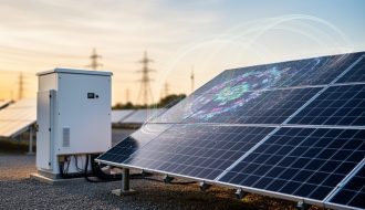 Solar panels and a battery storage unit at a modern energy site with subtle quantum-inspired light trails overhead, suggesting real-time optimization of PV power usage.