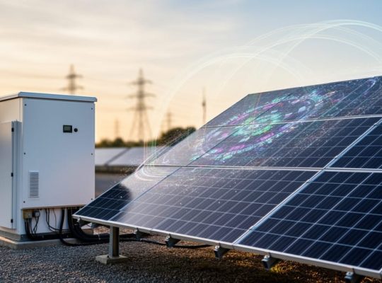 Solar panels and a battery storage unit at a modern energy site with subtle quantum-inspired light trails overhead, suggesting real-time optimization of PV power usage.