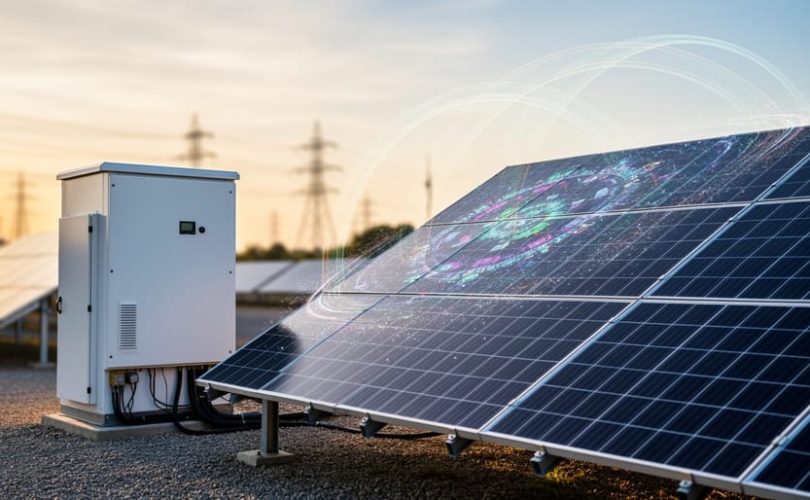 Solar panels and a battery storage unit at a modern energy site with subtle quantum-inspired light trails overhead, suggesting real-time optimization of PV power usage.