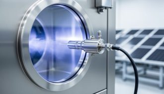 Close-up of a quartz crystal monitor sensor near a vacuum thin-film coating chamber used in multi-crystalline solar module production.