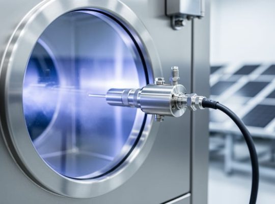 Close-up of a quartz crystal monitor sensor near a vacuum thin-film coating chamber used in multi-crystalline solar module production.