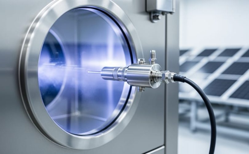 Close-up of a quartz crystal monitor sensor near a vacuum thin-film coating chamber used in multi-crystalline solar module production.