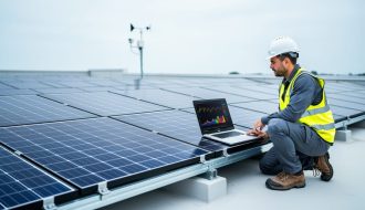 Rooftop solar panel array with a technician and an open laptop displaying abstract, non-text waveforms for photovoltaic power forecasting.