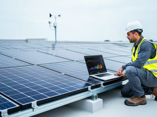 Rooftop solar panel array with a technician and an open laptop displaying abstract, non-text waveforms for photovoltaic power forecasting.