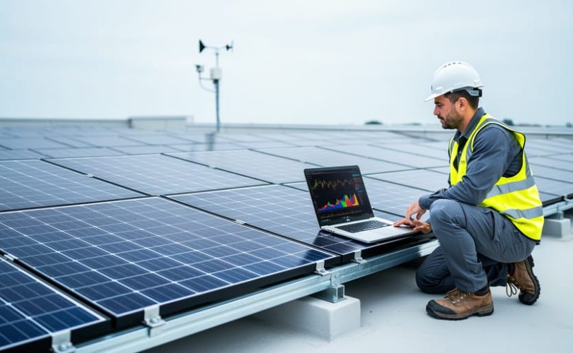 Rooftop solar panel array with a technician and an open laptop displaying abstract, non-text waveforms for photovoltaic power forecasting.