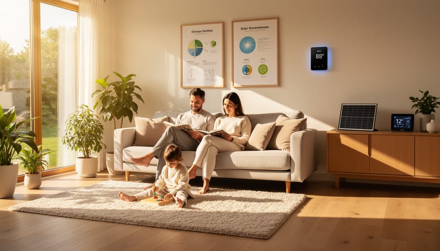 Person relaxing in a living room with warm lighting suggesting comfortable indoor heating