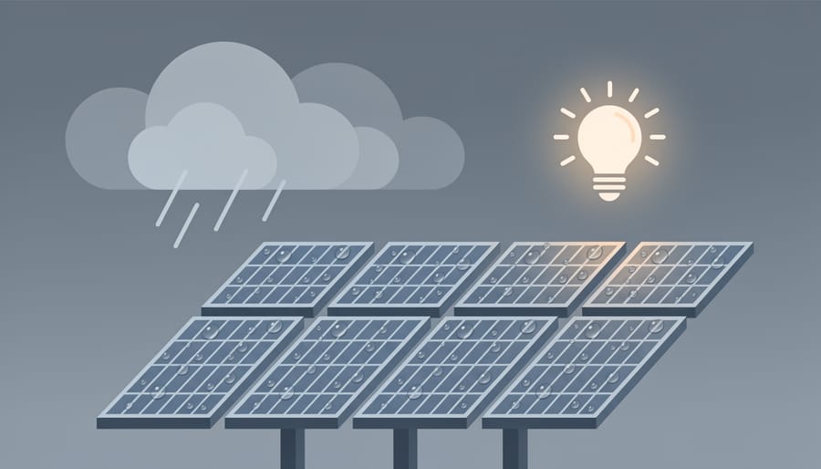 Solar panel with water droplets beading and a glowing lantern near a campsite in rainy weather.