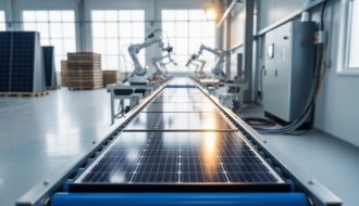 Solar panel cells moving along a conveyor inside a clean photovoltaic manufacturing facility, with electrical equipment visible in the background.