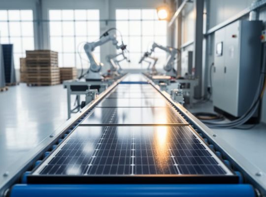 Solar panel cells moving along a conveyor inside a clean photovoltaic manufacturing facility, with electrical equipment visible in the background.