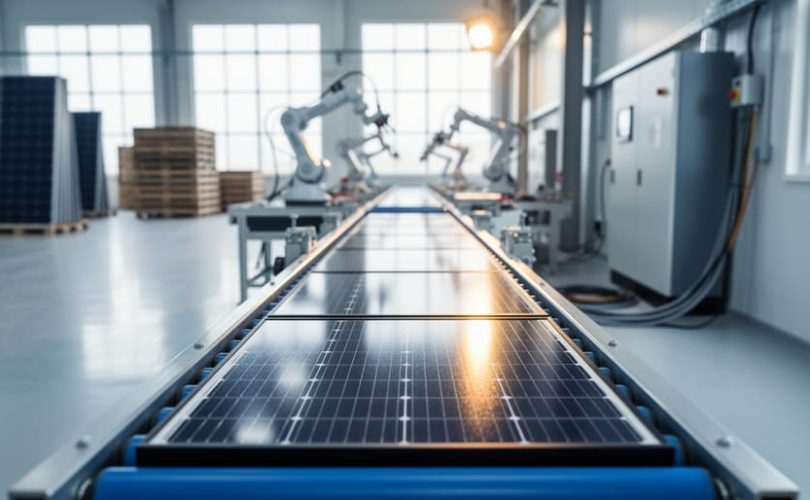 Solar panel cells moving along a conveyor inside a clean photovoltaic manufacturing facility, with electrical equipment visible in the background.