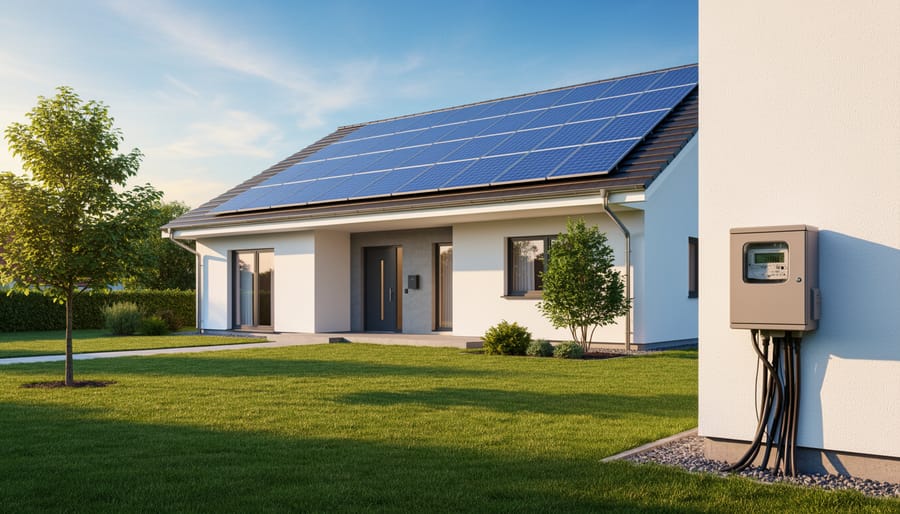 Residential rooftop solar panels installed and reflecting sunlight in a neighborhood setting