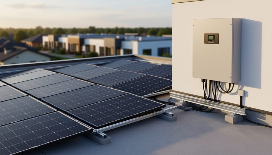 Residential rooftop solar panels with a visible battery storage unit nearby under an overcast sky.