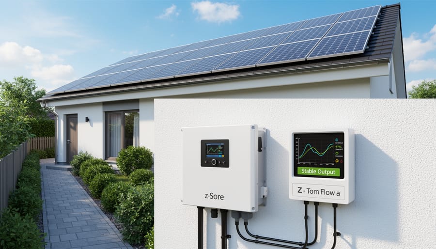 Residential solar installation with nearby battery cabinet in golden hour sunlight