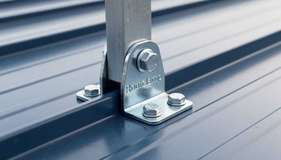 Close-up of Roofclamp hardware secured to a standing-seam roof rib for non-penetrating PV support
