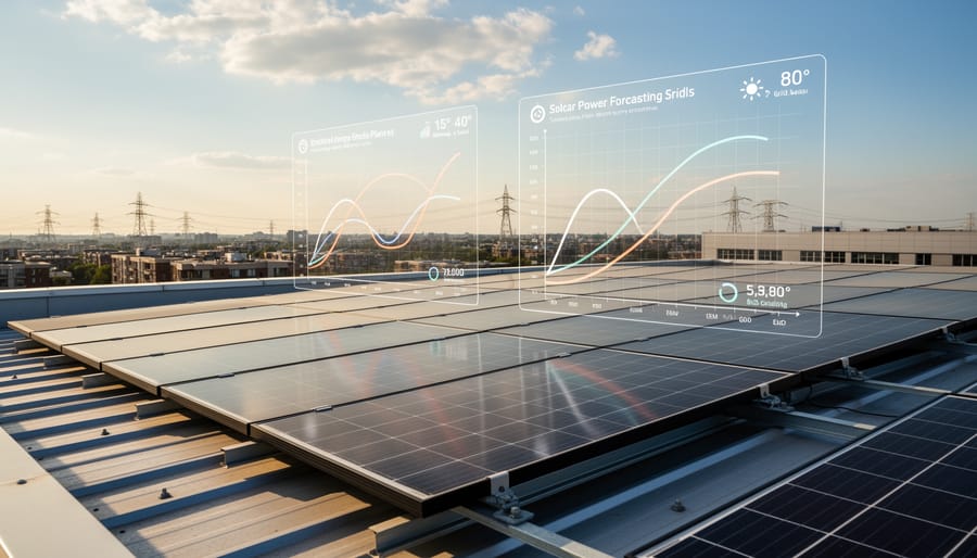 Solar PV panels on a rooftop with a nearby utility area in the distance