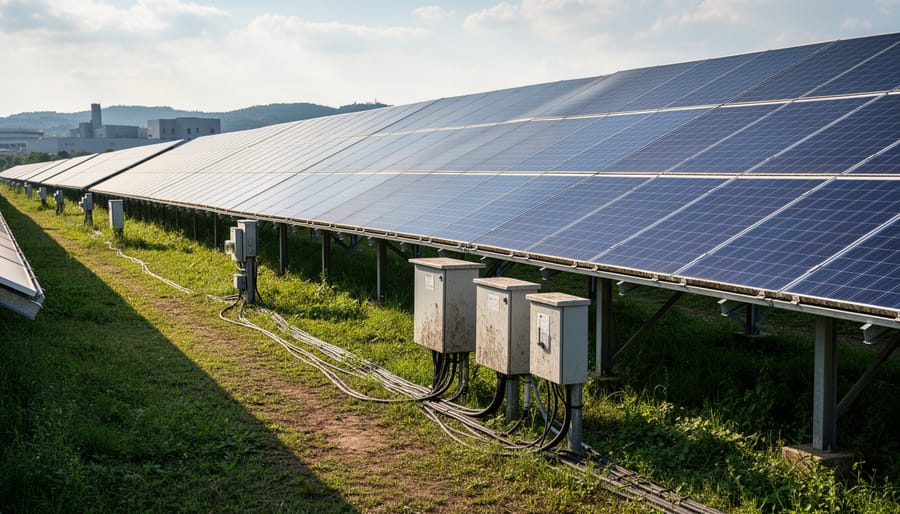 Rooftop photovoltaic panels under early morning sunlight