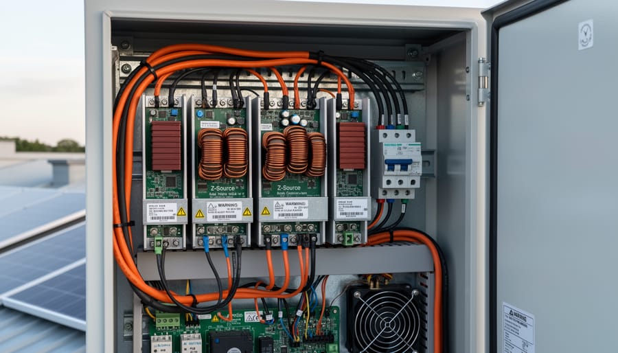 Rooftop solar inverter cabinet showing internal power electronics modules and wiring