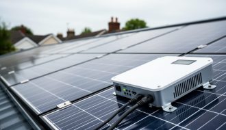 Rooftop solar panels and a grid-tie inverter unit in soft daylight, representing solar power feed-in to the electrical grid.