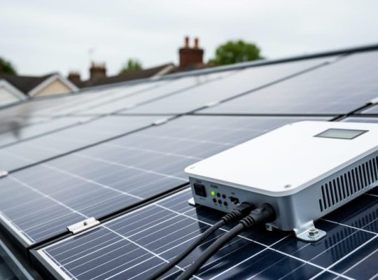 Rooftop solar panels and a grid-tie inverter unit in soft daylight, representing solar power feed-in to the electrical grid.