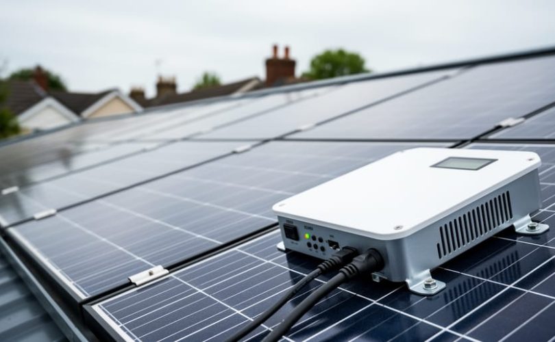 Rooftop solar panels and a grid-tie inverter unit in soft daylight, representing solar power feed-in to the electrical grid.