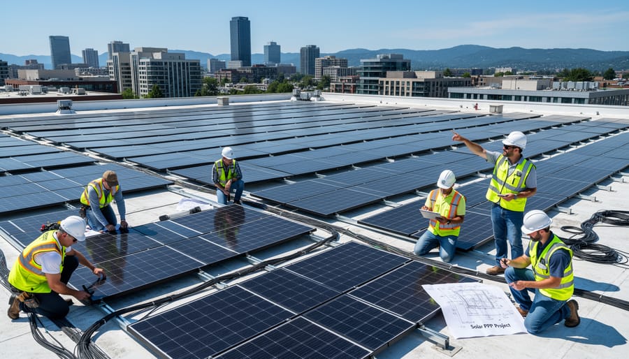 Technicians in safety helmets walk along a rooftop solar panel array in an urban setting.