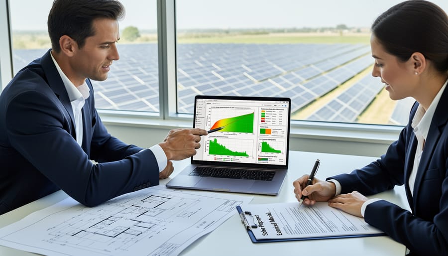 Finance professional and solar engineer reviewing documents together in an office