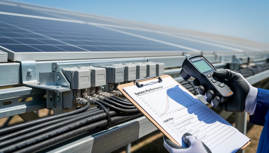 Close-up of solar inverter cabinet and cabling with surrounding solar panels blurred in the background