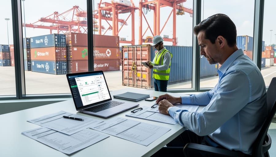 Logistics professional reviewing shipping paperwork next to a container yard with solar shipment materials