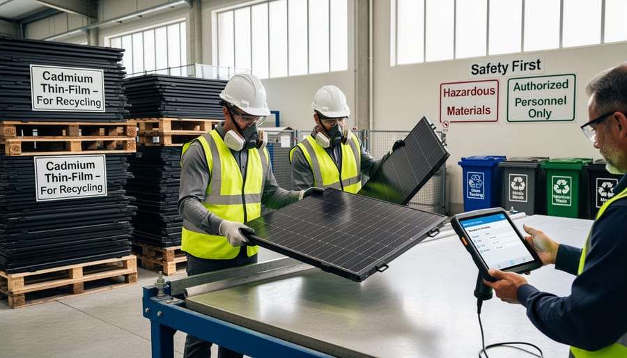 Recycling facility scene showing safety-focused handling of end-of-life solar modules.