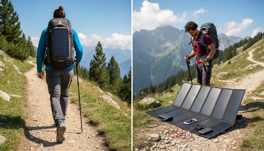 Solar panels attached to or paired with a camping backpack on a trail, showing portable power gear options.