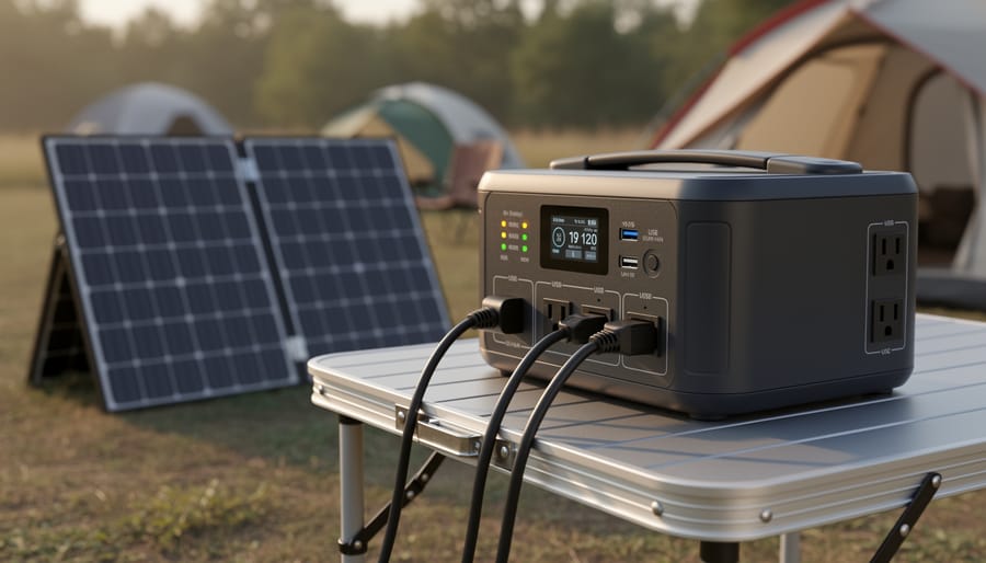 Close-up of a solar power bank connected to charging cables on a camping gear mat.