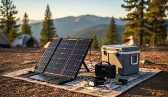 Foldable solar panel at an off-grid mountain campsite charging a power bank and campsite devices near a cooler and smartphone.