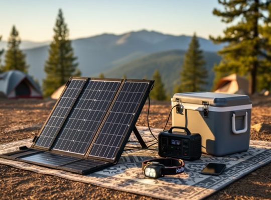 Foldable solar panel at an off-grid mountain campsite charging a power bank and campsite devices near a cooler and smartphone.