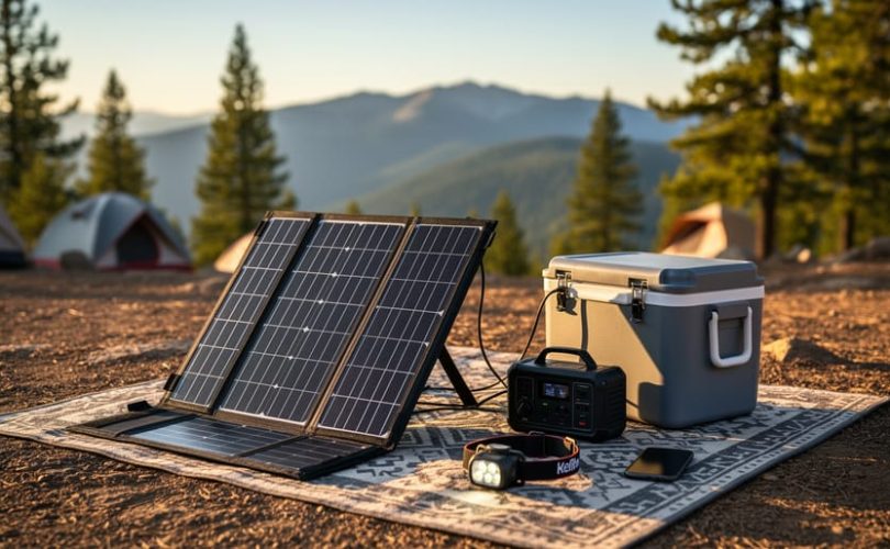 Foldable solar panel at an off-grid mountain campsite charging a power bank and campsite devices near a cooler and smartphone.