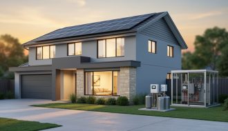 Modern suburban home with rooftop solar panels and integrated solar-powered home climate equipment visible, photographed at golden hour from the driveway.