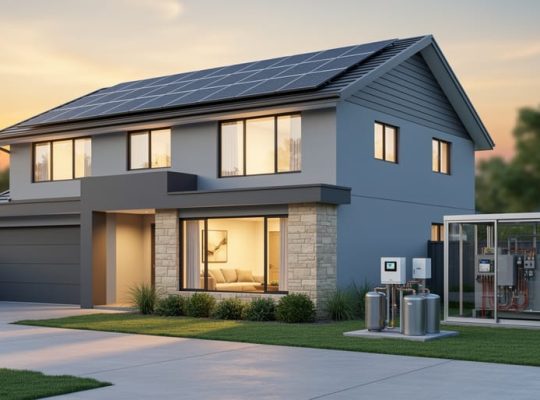Modern suburban home with rooftop solar panels and integrated solar-powered home climate equipment visible, photographed at golden hour from the driveway.