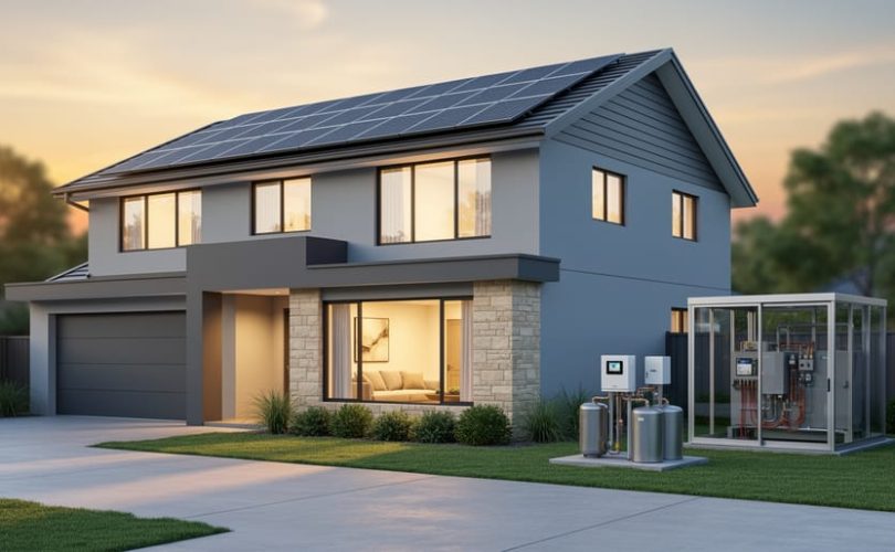 Modern suburban home with rooftop solar panels and integrated solar-powered home climate equipment visible, photographed at golden hour from the driveway.
