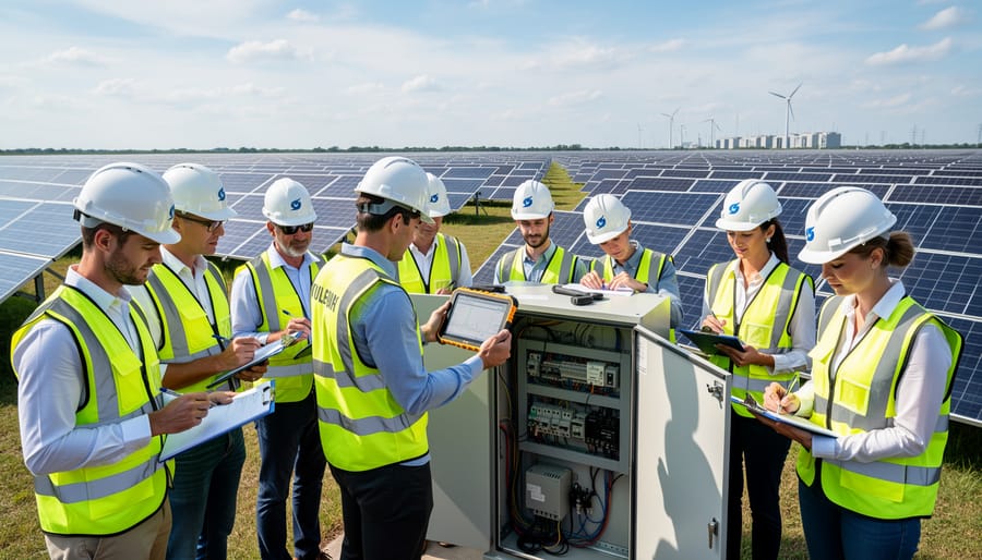 A trainee holding a multimeter in front of a functioning solar array during golden hour.