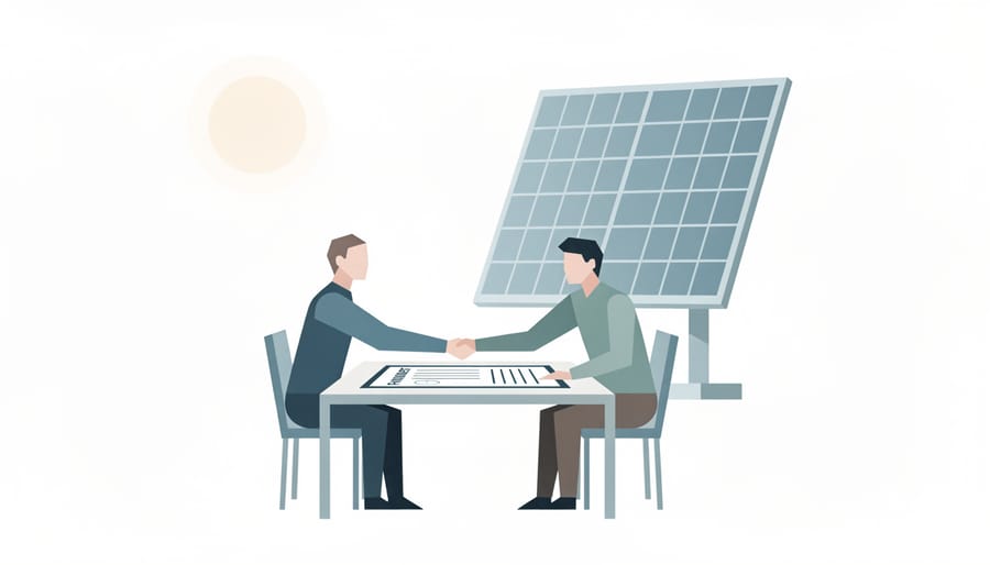 Close-up of hands signing a contract beside a solar panel model on a desk.