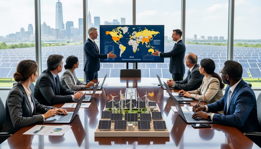 A diverse group discusses solar project components beside open equipment with a solar installation site behind them.