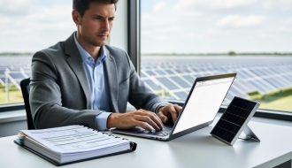 “Analyst reviewing project finance materials for a utility-scale solar project with a small solar panel on the desk and a blurred solar farm in the background.”