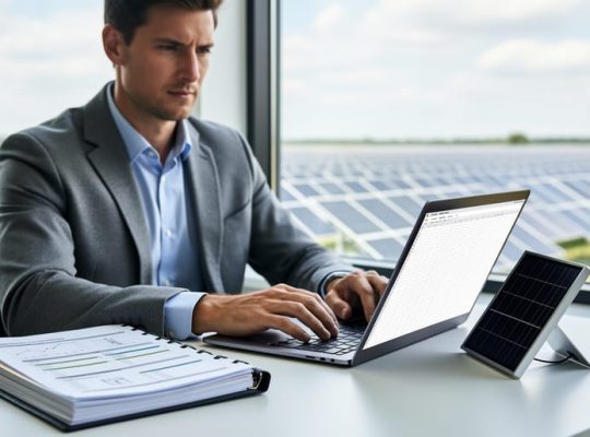 “Analyst reviewing project finance materials for a utility-scale solar project with a small solar panel on the desk and a blurred solar farm in the background.”